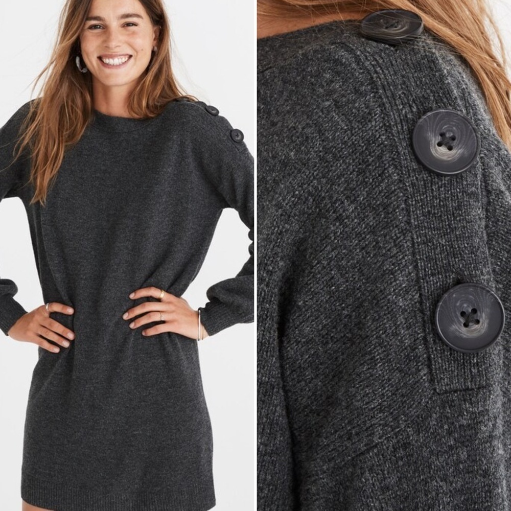 Madewell Boatneck Button Shoulder Sweater Dress 100% Merino Wool Gray Size Small